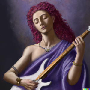 Generated by DALL-E AI Image Generator AI Generated image of a goddess playing electric guitar