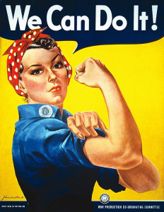 white woman worker making a muscle, with text "We Can Do It"
