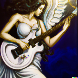 AI Generated image of a goddess playing electric guitar