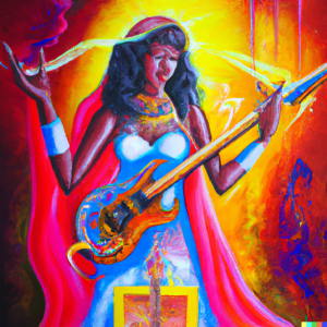 AI Generated image of a goddess playing electric guitar