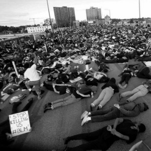 Demonstrators lay down on the Burnside Bridge in 2020