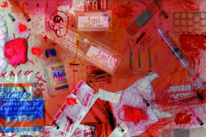 Mostly Red collage of health-care paraphenalia