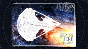 An endemic, endangered owl skull bi-sected by the Pacific Crest Trail and navigational maps floats over a galaxy and star charts