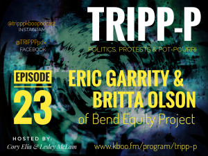 Image contains dark background colors with bright, bold text that states the name of the program, the episode number, the name of the guests and hosts, and the website and social media handles for the program. the program is called TRIPP-P.