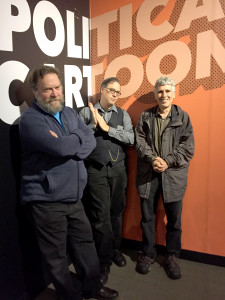 Patrick Rosenkranz, David Chelsea, and Norman Solomon at the Oregon Historical Society's Comic City USA exhibit during the Underground USA symposium