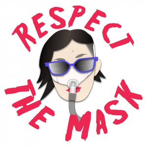 Sketch by Mike Mort of Alice Wong, an East Asian woman with chin-length hair, cropped over one ear. She wears purple-rimmed sunglasses, a Bi-pap breathing mask with tube over her nose, and bright red lipstick. In red all caps, "Respect the Mask"