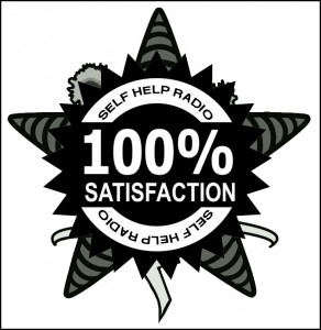 A satisfaction guaranteed stamp over the Self Help Radio logo.