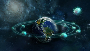 image shows earth orbited by giant coronavirus