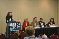 Sarah Merrigan (left) moderating a panel on international drug policy reform at the 2017 Students for Sensible Drug Policy conference in Portland, Oregon