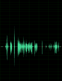 A screenshot of a human voice in audio editing software. There's a black background with green grid and waves, peaks, and valleys visually representing the sound of a voice.